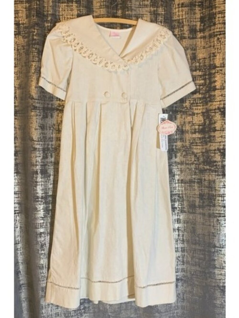 Vintage Allison Rose Dress Girls Size 14 Ecru Linen Battenberg Lace Heirloom USA